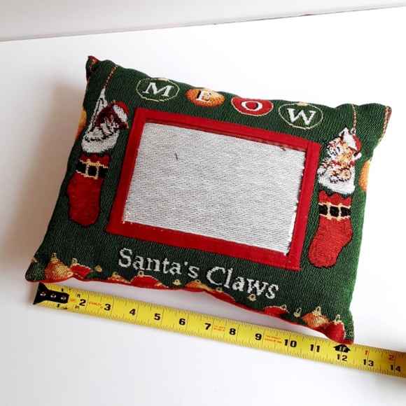 Christmas Photo Cat Pillow MEOW Santa's Claws 12x9 Green Red Tapestry - Picture 4 of 8